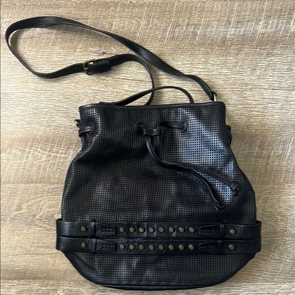 She + Lo Black Leather Bucket Shoulder Bag Purse
